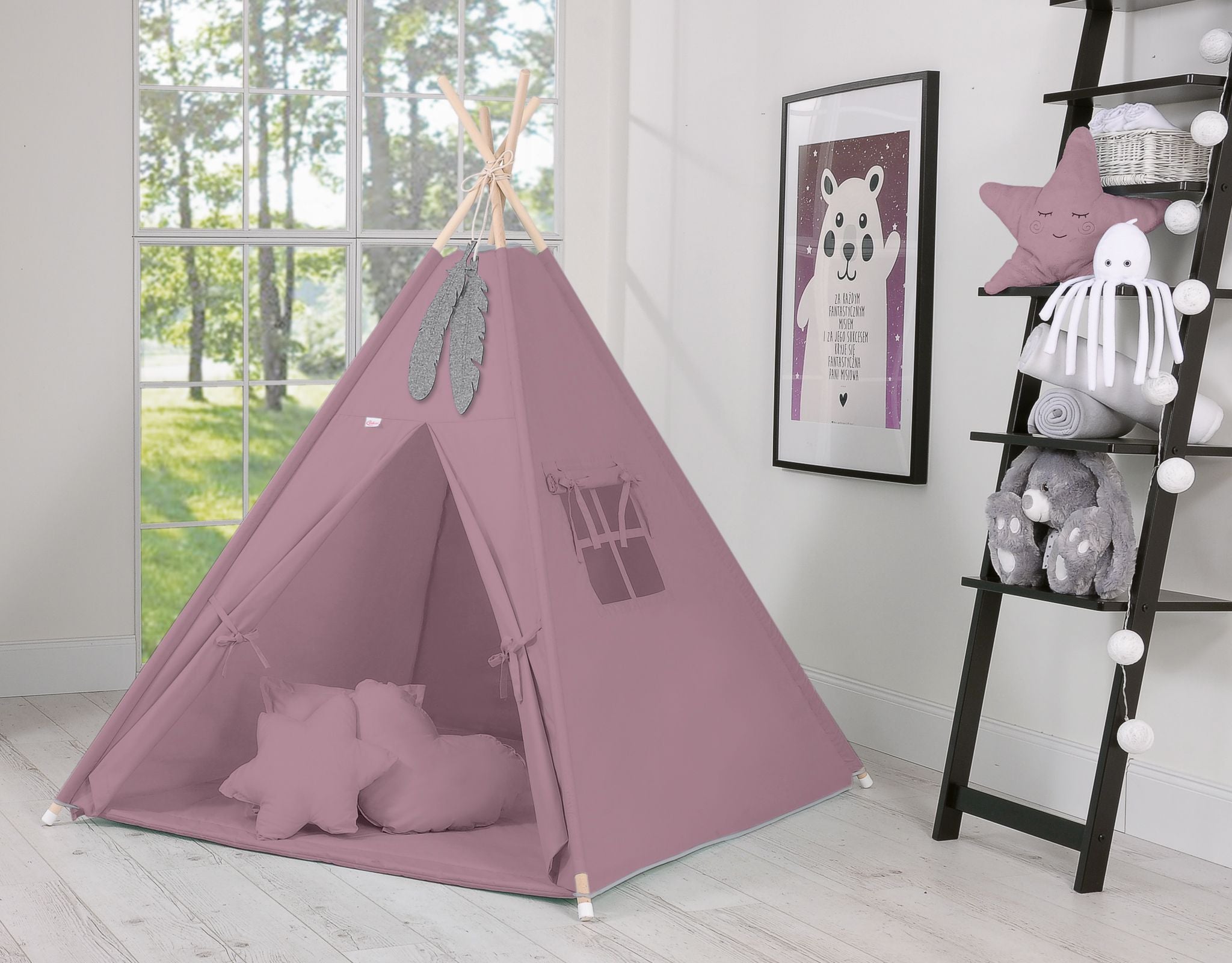 Teepee tent for kids + playmat + pillows + decorative feathers - pastel violet