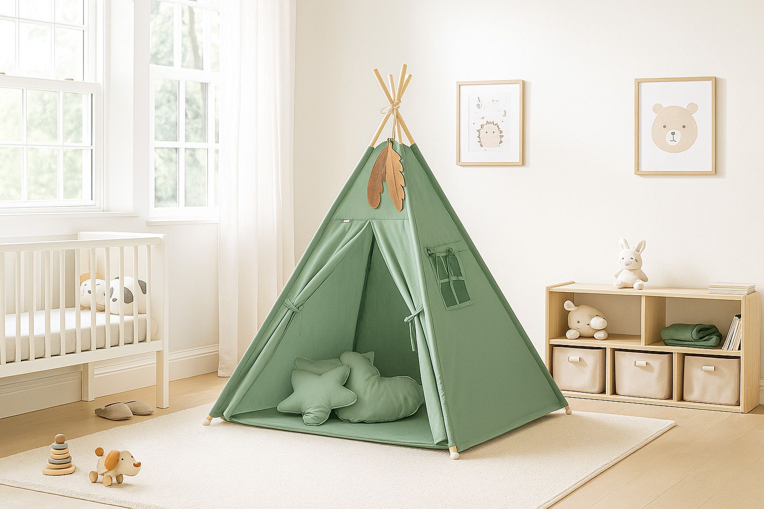 Teepee tent for kids +play mat + decorative feathers - pastel green