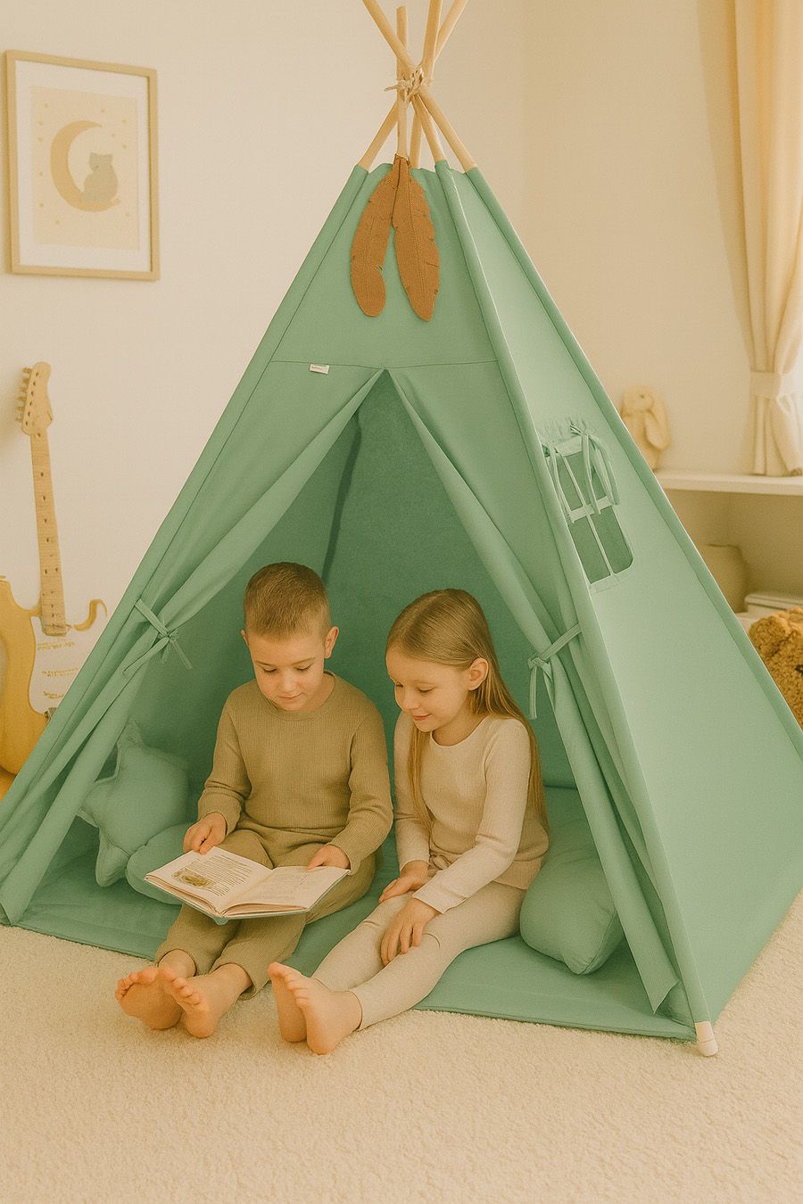 Teepee tent for kids + playmat + pillows + decorative feathers - pastel green
