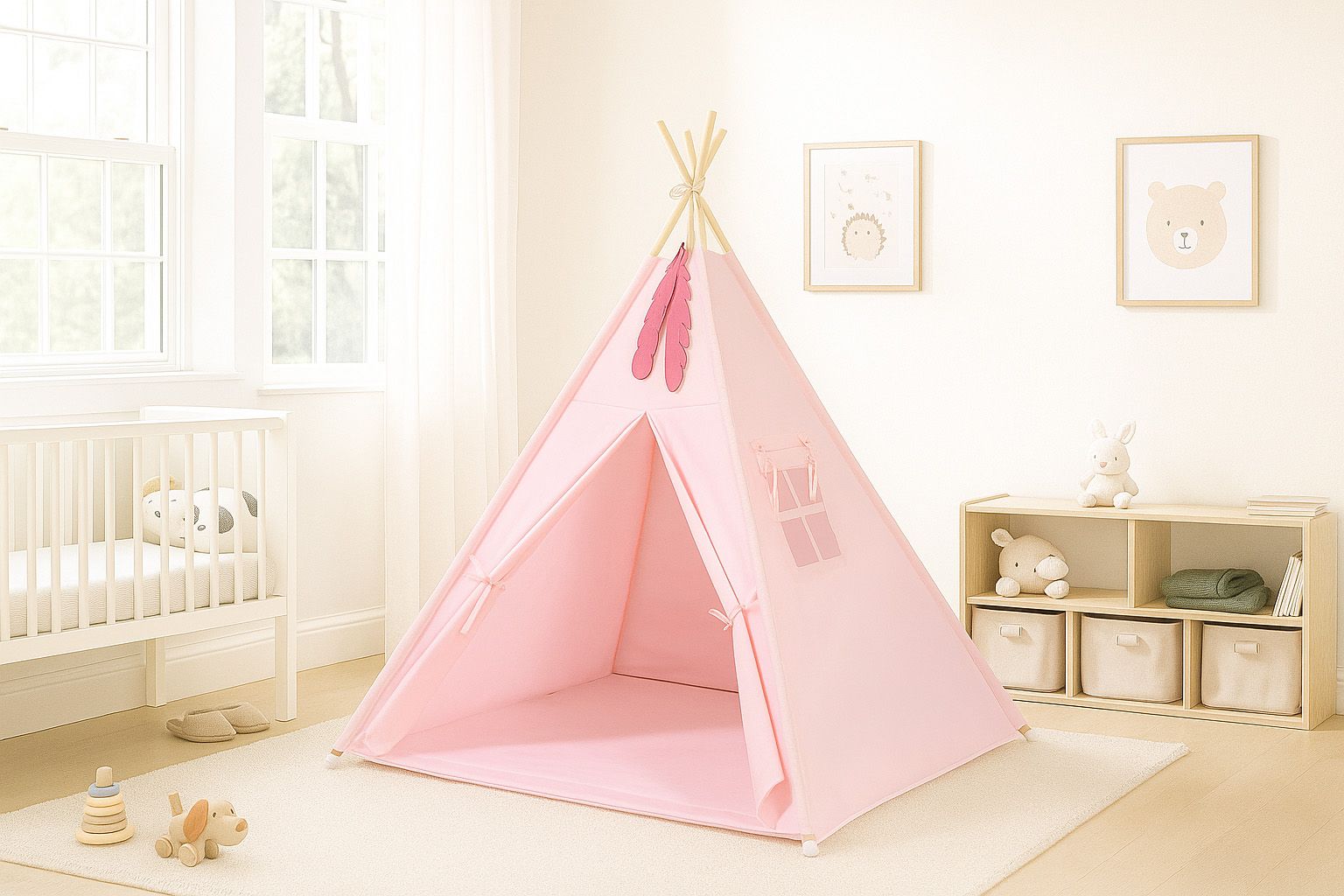Teepee tent for kids +play mat + decorative feathers - pink