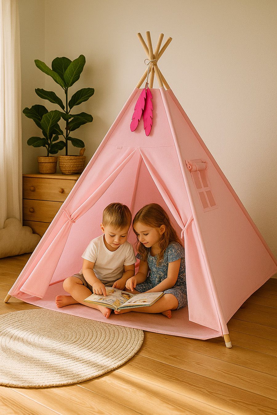 Teepee tent for kids + playmat + pillows + decorative feathers - pink