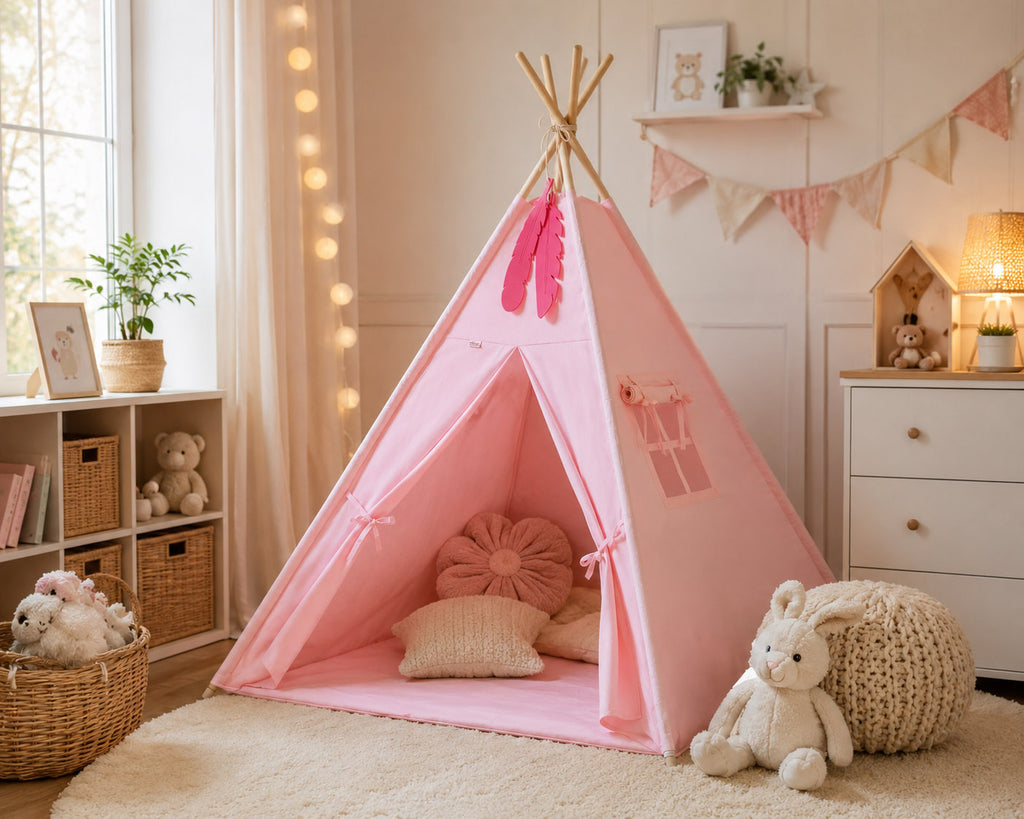 Teepee tent for kids + decorative feathers - pink