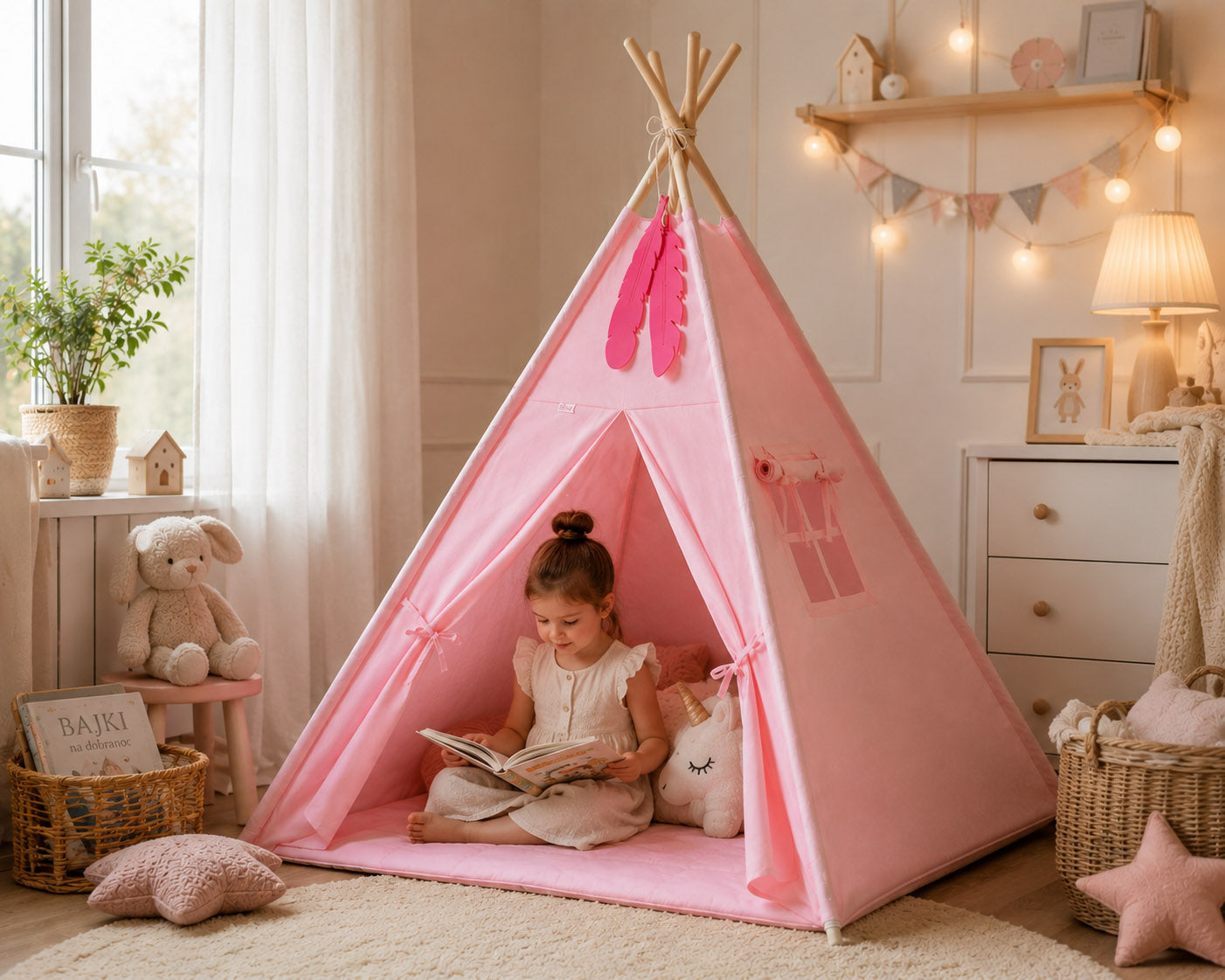 Teepee tent for kids + decorative feathers - pink
