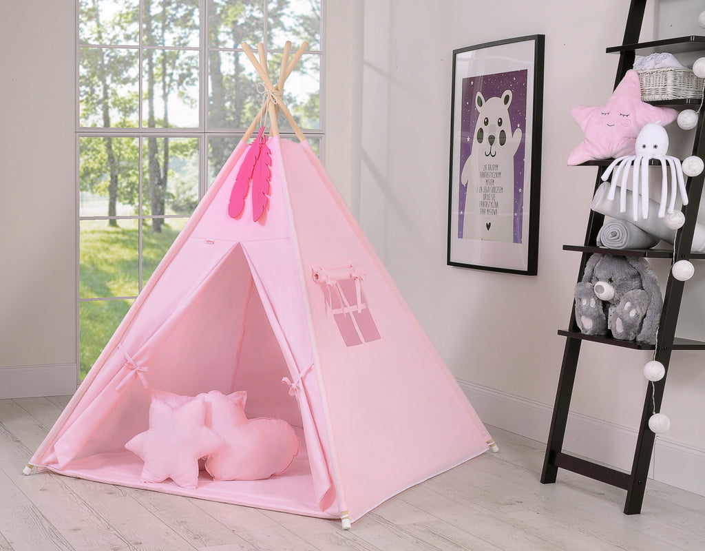 Teepee tent for kids + playmat + pillows + decorative feathers - pink