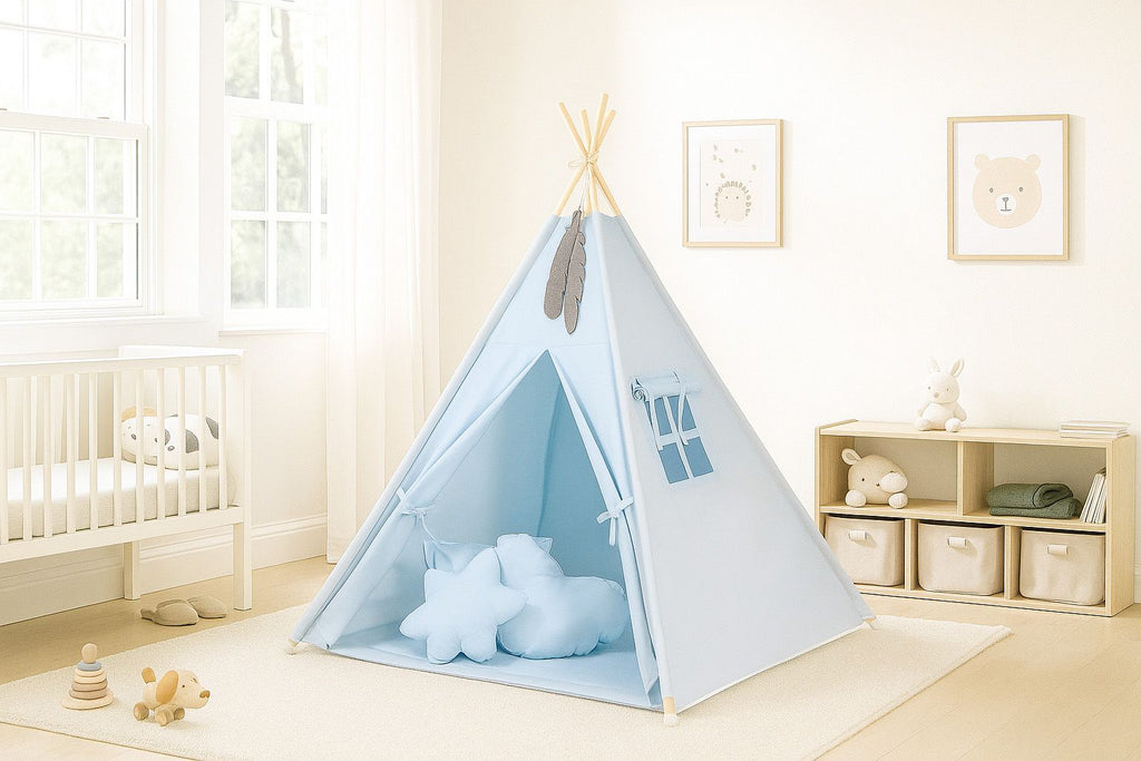 Teepee tent for kids +play mat + decorative feathers - blue