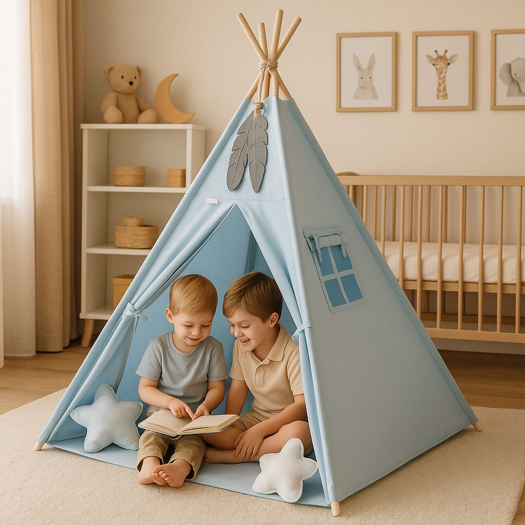 Teepee tent for kids + playmat + pillows + decorative feathers - blue