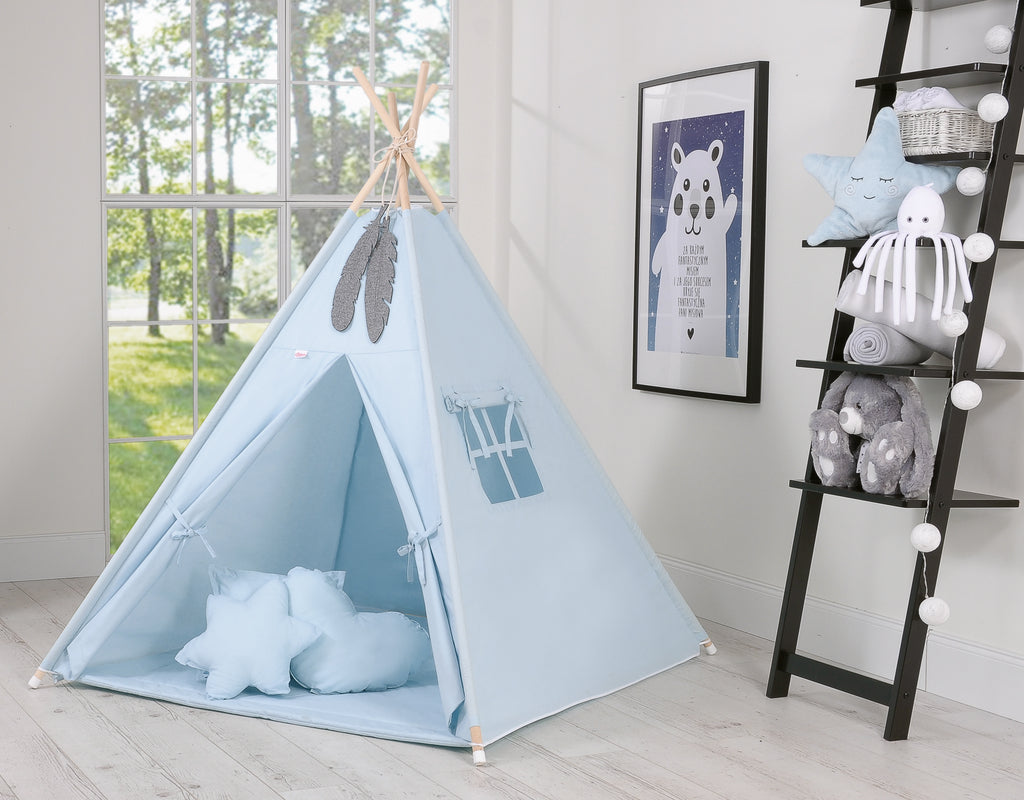 Teepee tent for kids + playmat + pillows + decorative feathers - blue