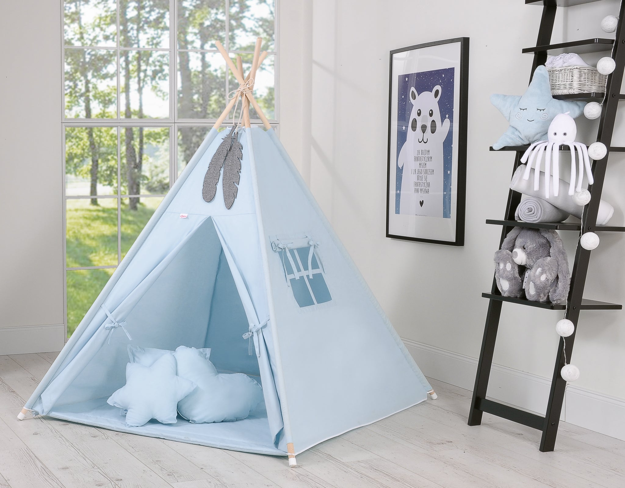 Teepee tent for kids + playmat + pillows + decorative feathers - blue