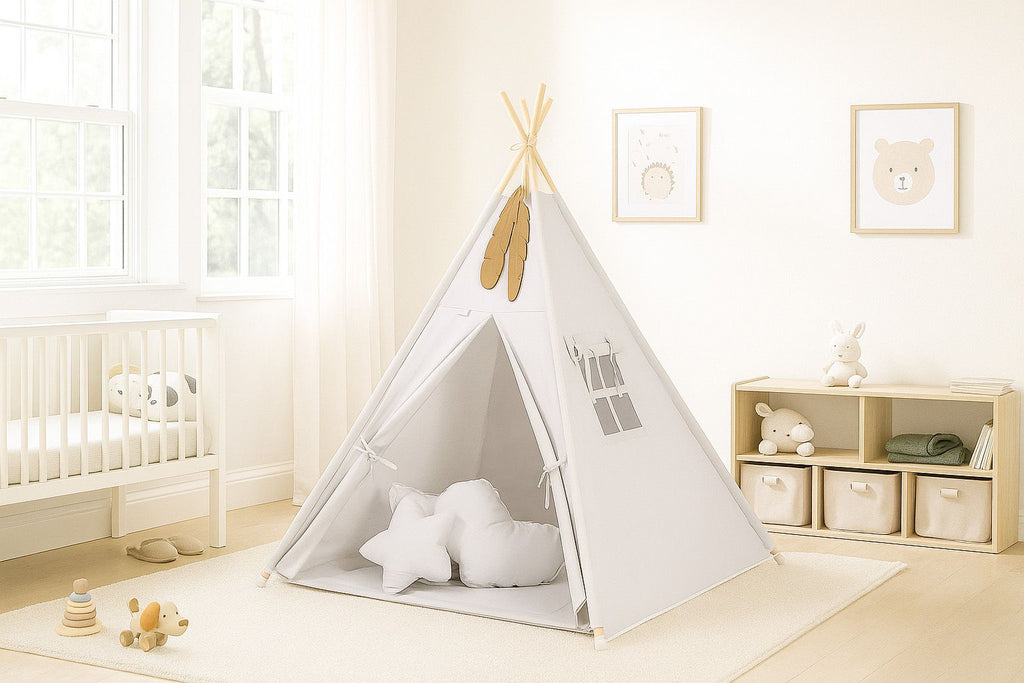 Teepee tent for kids + playmat + pillows + decorative feathers - gray