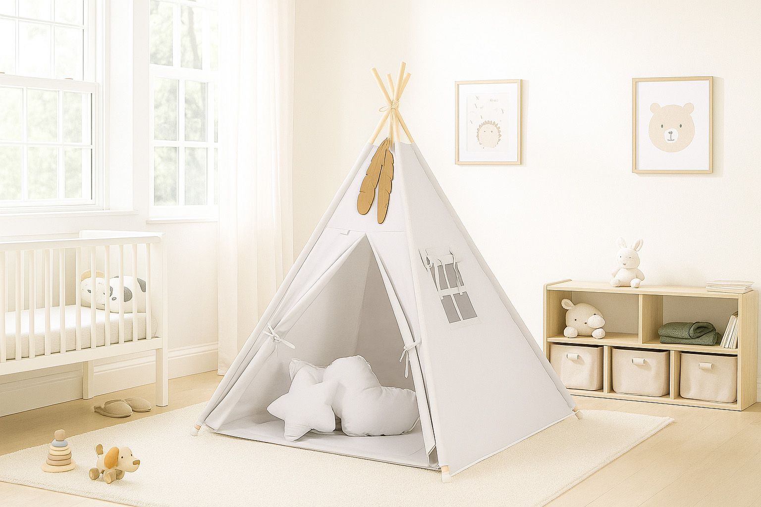 Teepee tent for kids +play mat + decorative feathers - gray