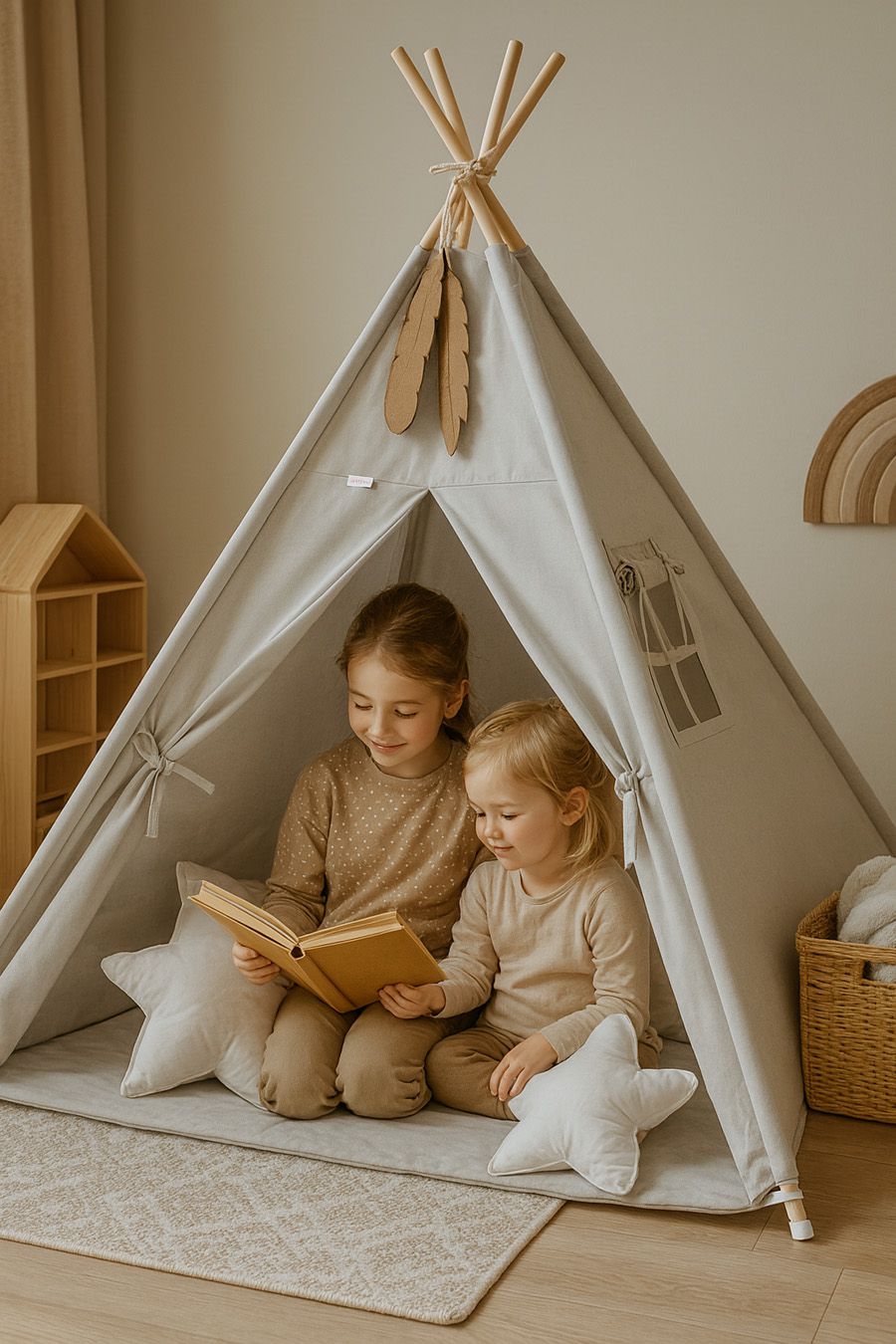 Teepee tent for kids + playmat + pillows + decorative feathers - gray