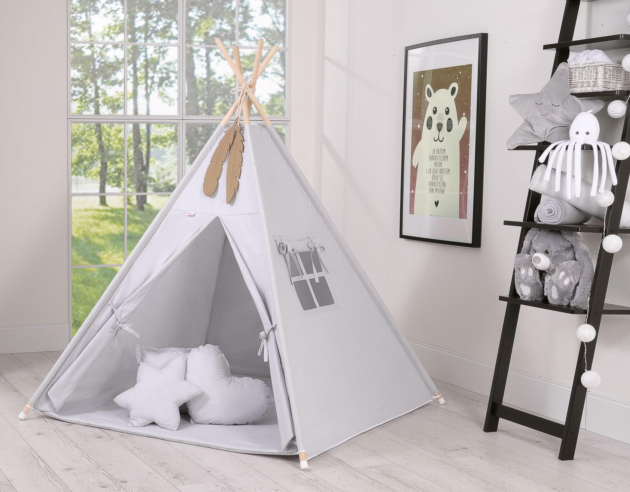Teepee tent for kids +play mat + decorative feathers - gray