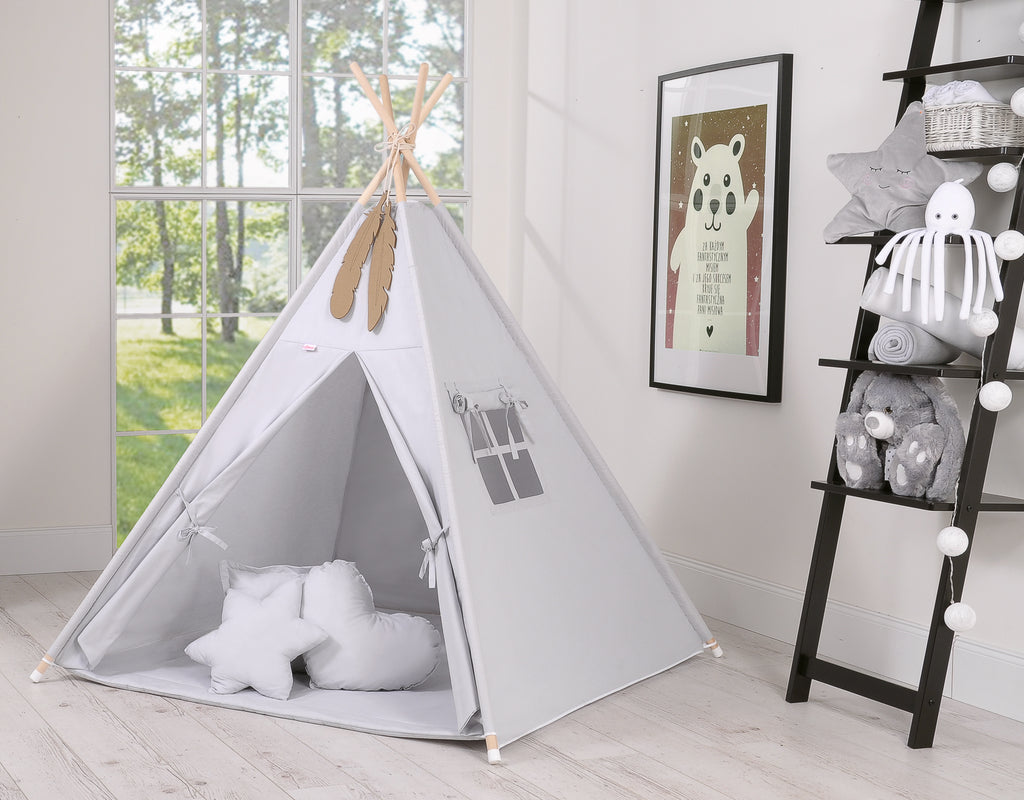 Teepee tent for kids + playmat + pillows + decorative feathers - gray