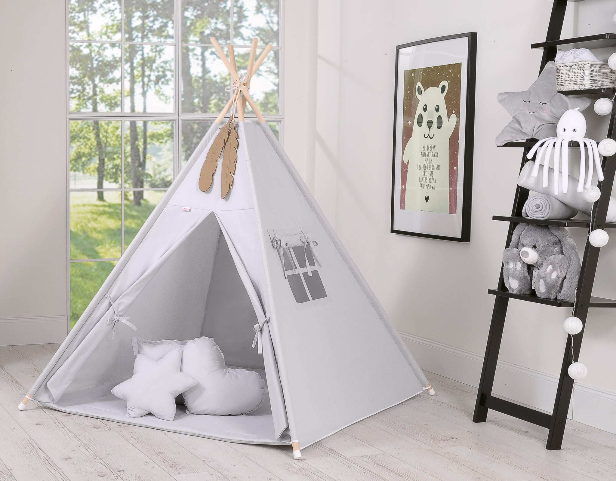 Teepee tent for kids + playmat + pillows + decorative feathers - gray