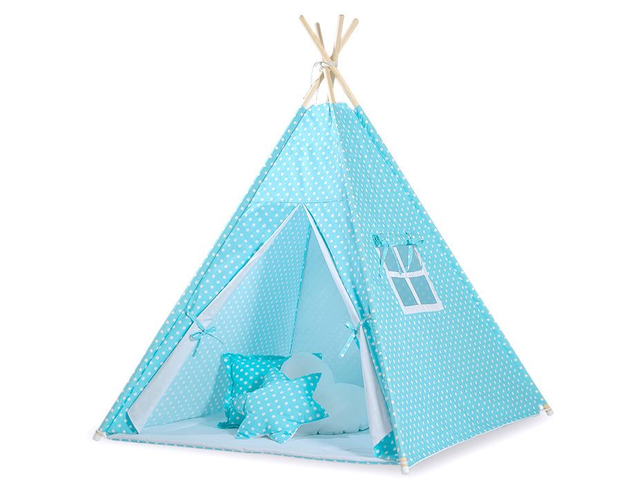 Teepee tent for kids + decorative feathers - White dots on turquoise