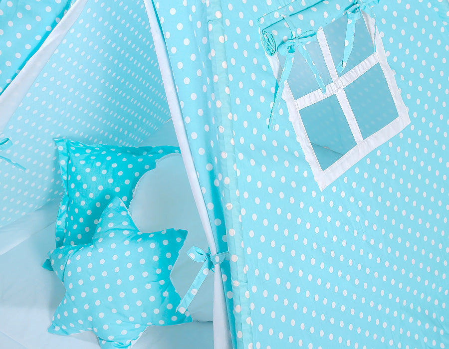 Teepee tent for kids + decorative feathers - White dots on turquoise