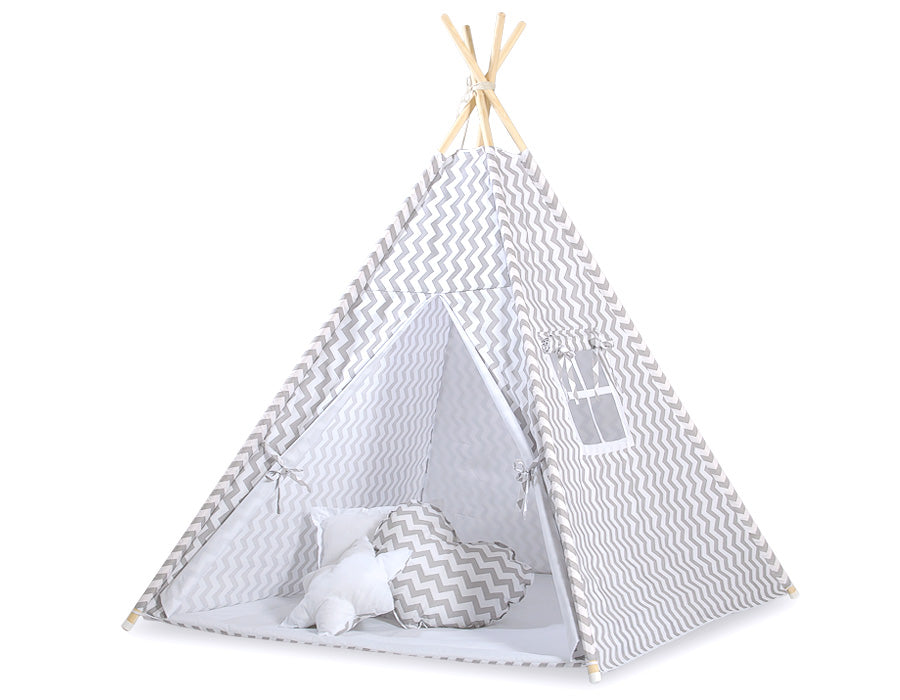 Teepee tent for kids + decorative feathers - Chevron grey