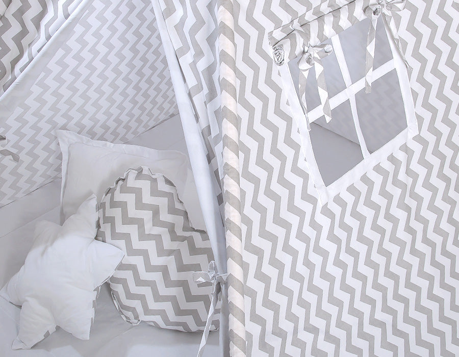 Teepee tent for kids + playmat + pillows + decorative feathers - Chevron grey