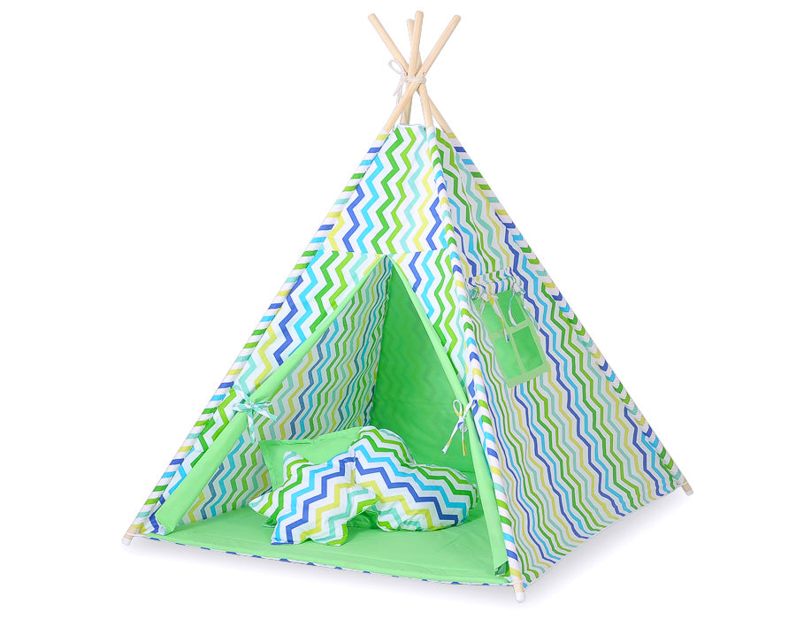 Teepee tent for kids + decorative feathers - Chevron green-blue