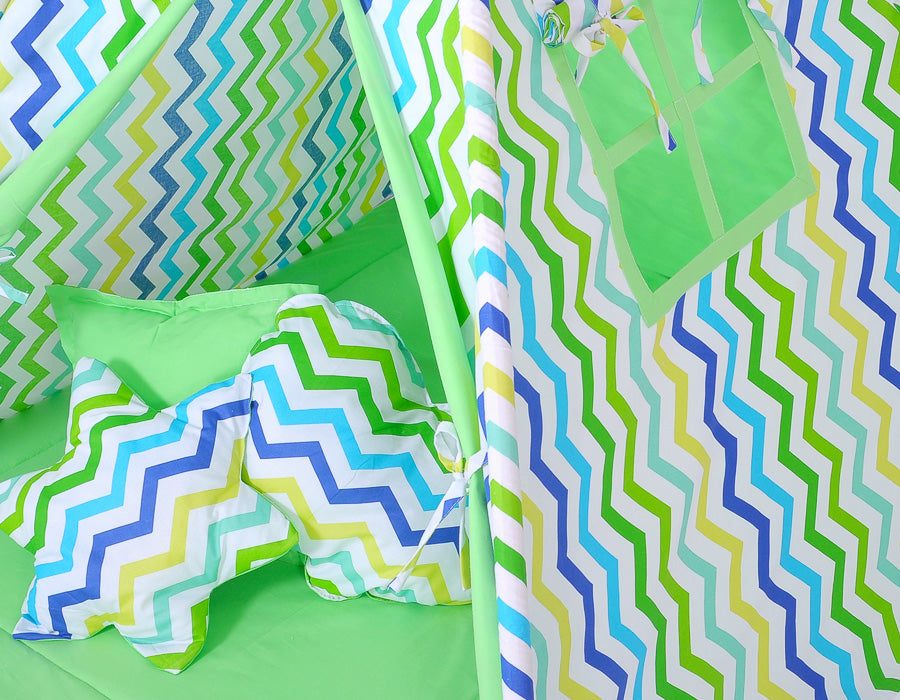 Teepee tent for kids + decorative feathers - Chevron green-blue