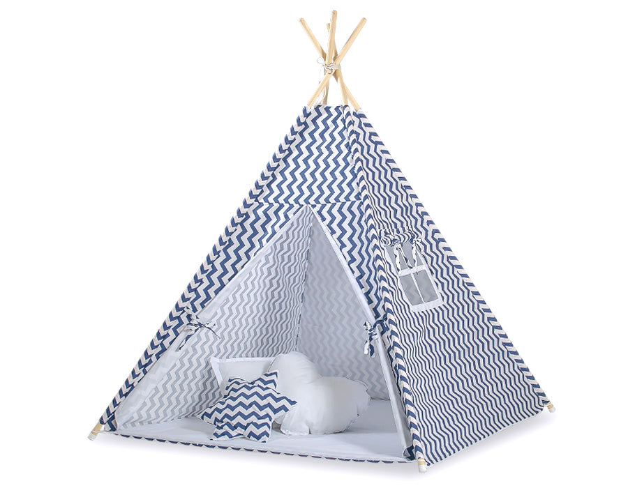 Teepee tent for kids + decorative feathers - Chevron navy blue