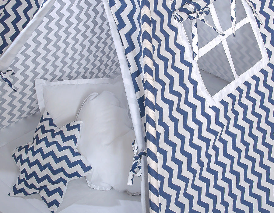 Teepee tent for kids + decorative feathers - Chevron navy blue