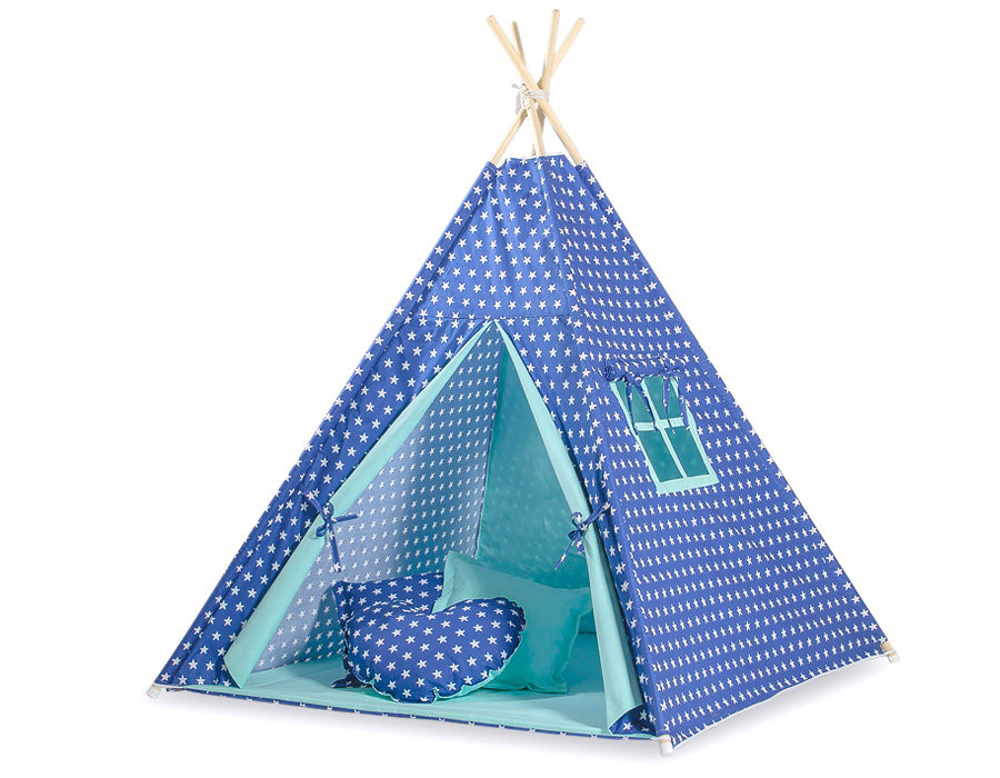 Teepee tent for kids + decorative feathers - navy blue stars