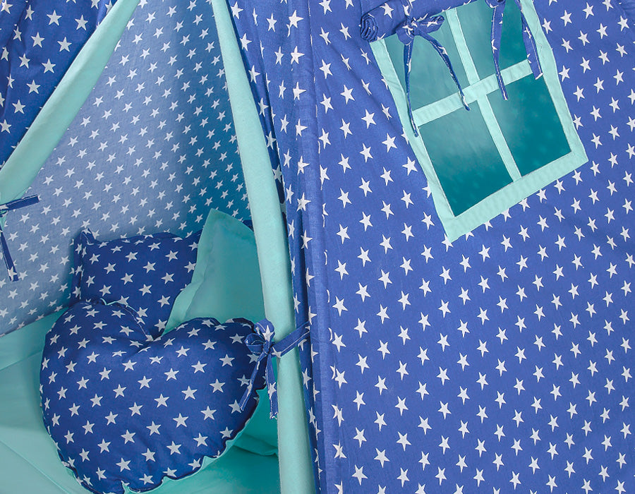 Teepee tent for kids + decorative feathers - navy blue stars