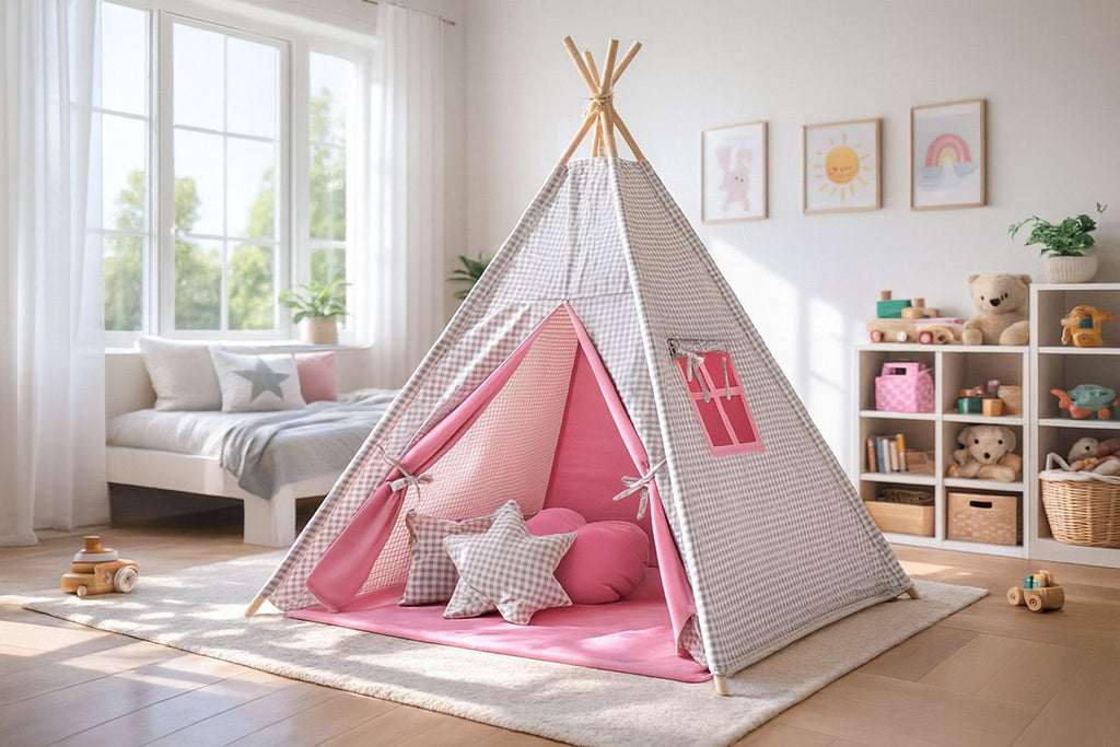 Teepee tent for kids +play mat + decorative feathers  - Grey checkered-pink