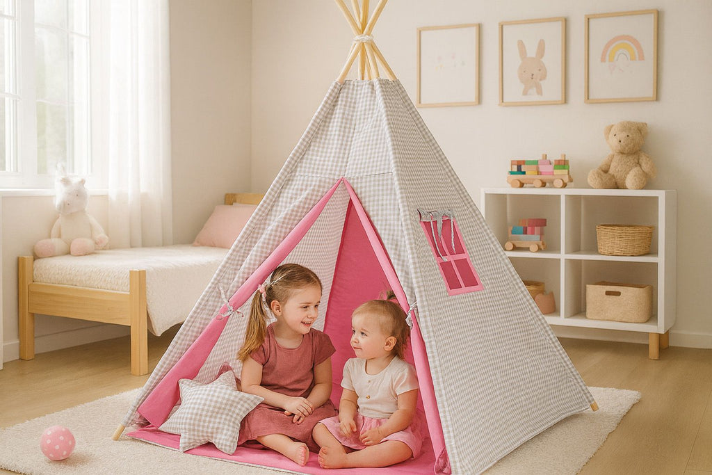 Teepee tent for kids +play mat + decorative feathers  - Grey checkered-pink