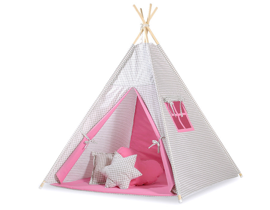 Teepee tent for kids + decorative feathers - Grey checkered- pink