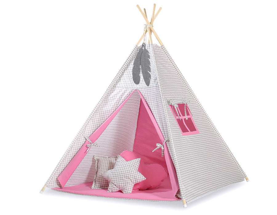 Double-sided teepee playmat- Grey checkered-pink