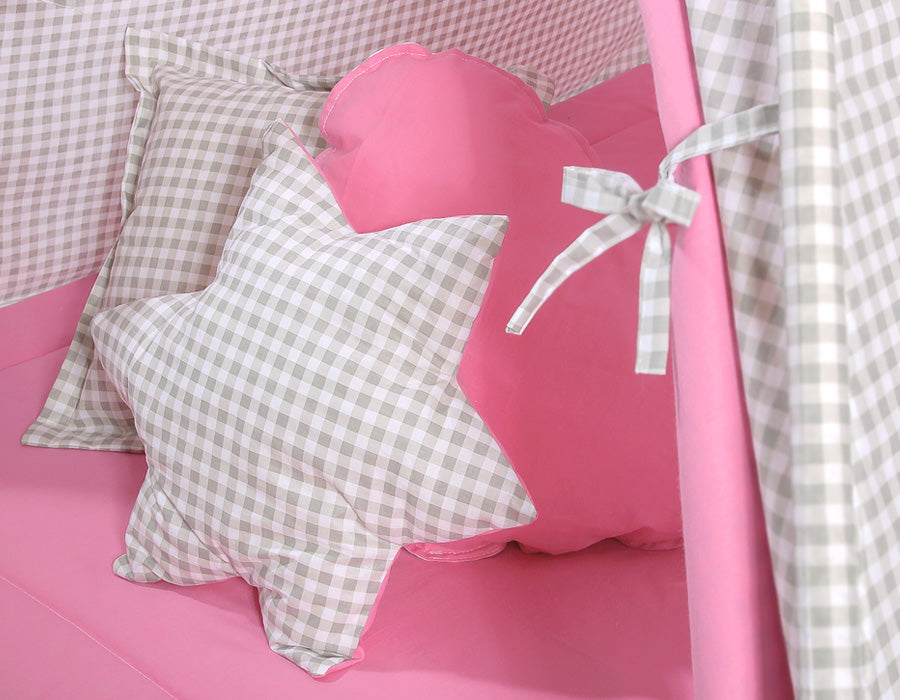 Teepee tent for kids + decorative feathers - Grey checkered- pink