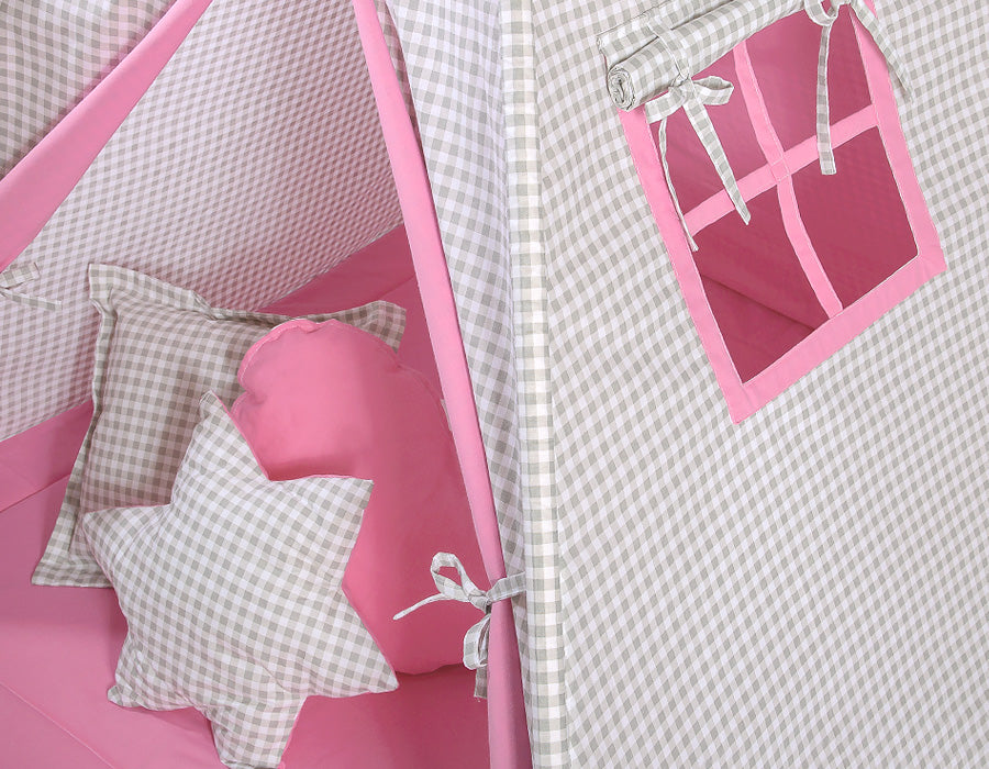 Teepee tent for kids + decorative feathers - Grey checkered- pink