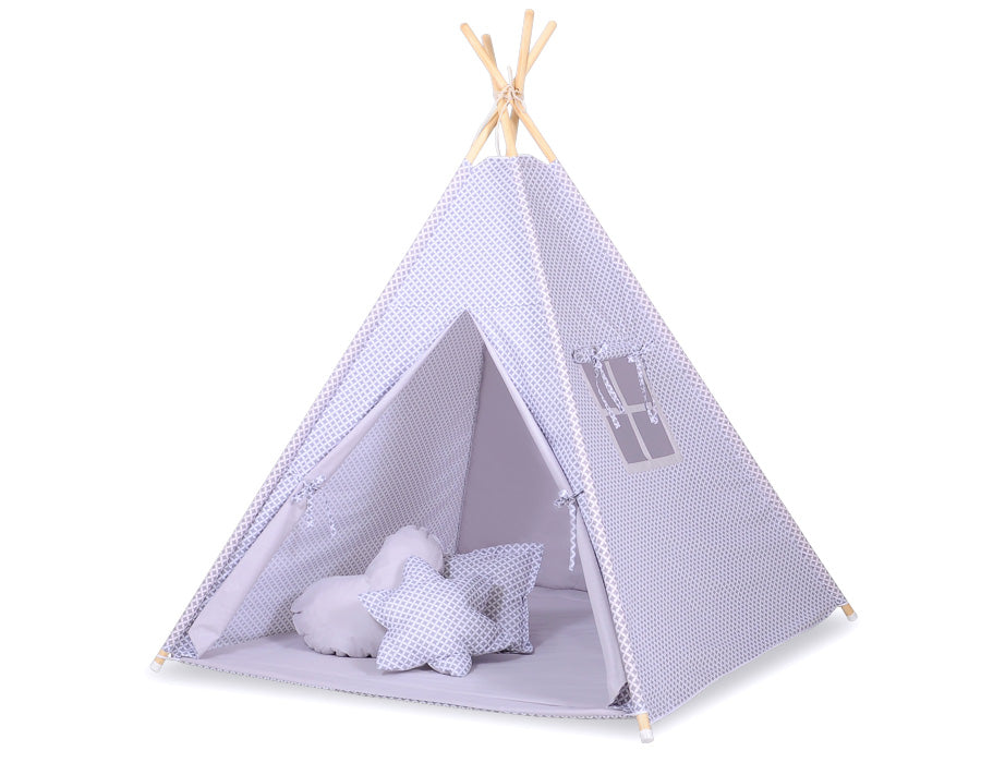 Teepee tent for kids + decorative feathers - grey rosette