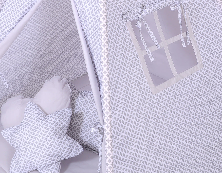 Teepee tent for kids + decorative feathers - grey rosette