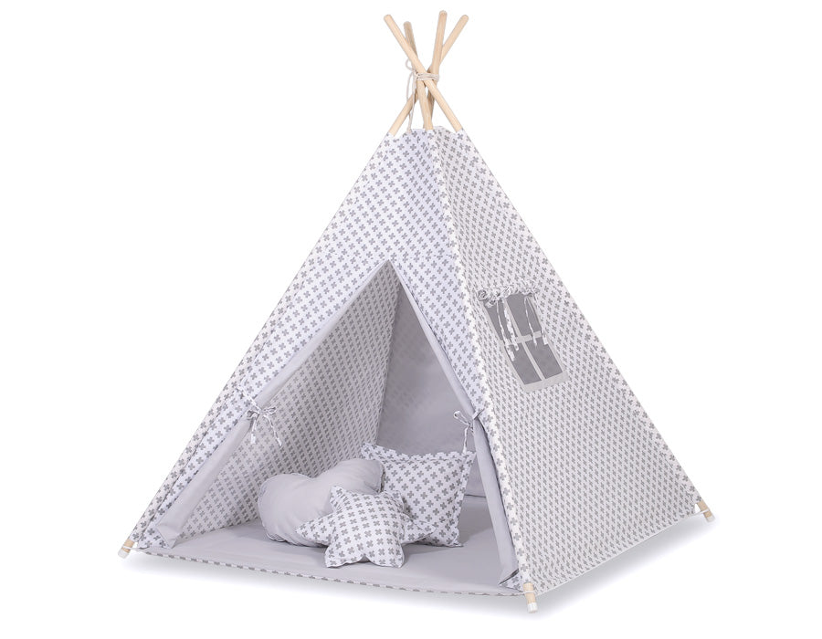 Teepee tent for kids + decorative feathers - Gray cross pattern