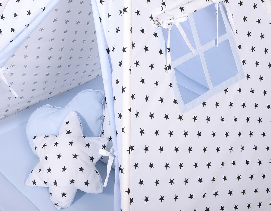 Teepee tent for kids + playmat + pillows + decorative feathers - Black Stars/blue