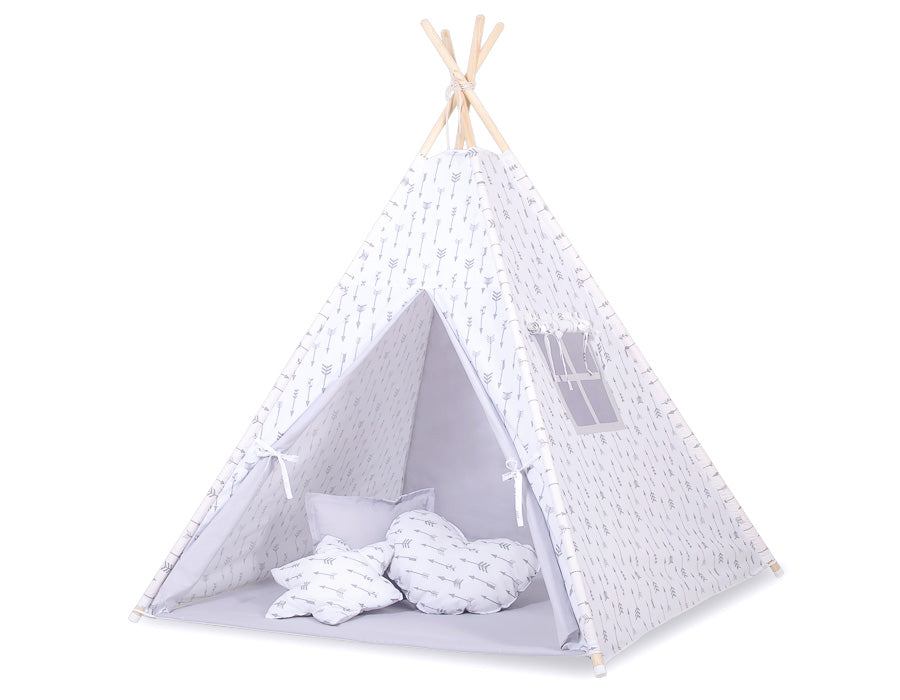Teepee tent for kids + decorative feathers - Grey arrows