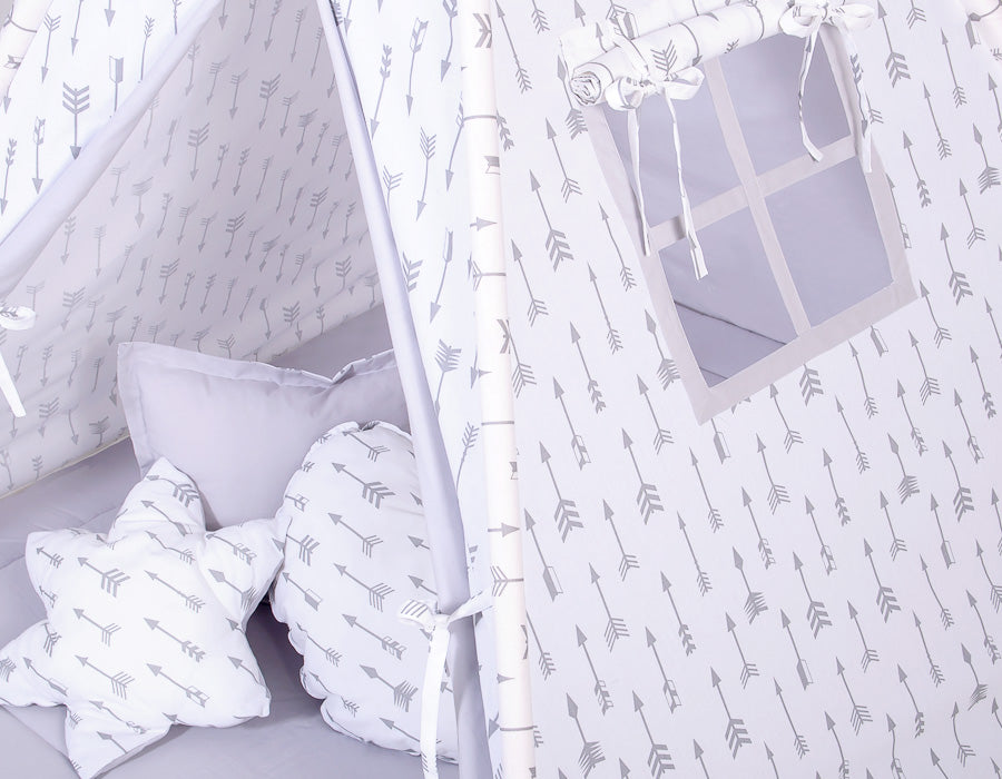 Teepee tent for kids + decorative feathers - Grey arrows