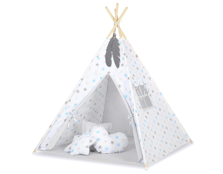 Double-sided teepee playmat- Grey-blue stars/grey