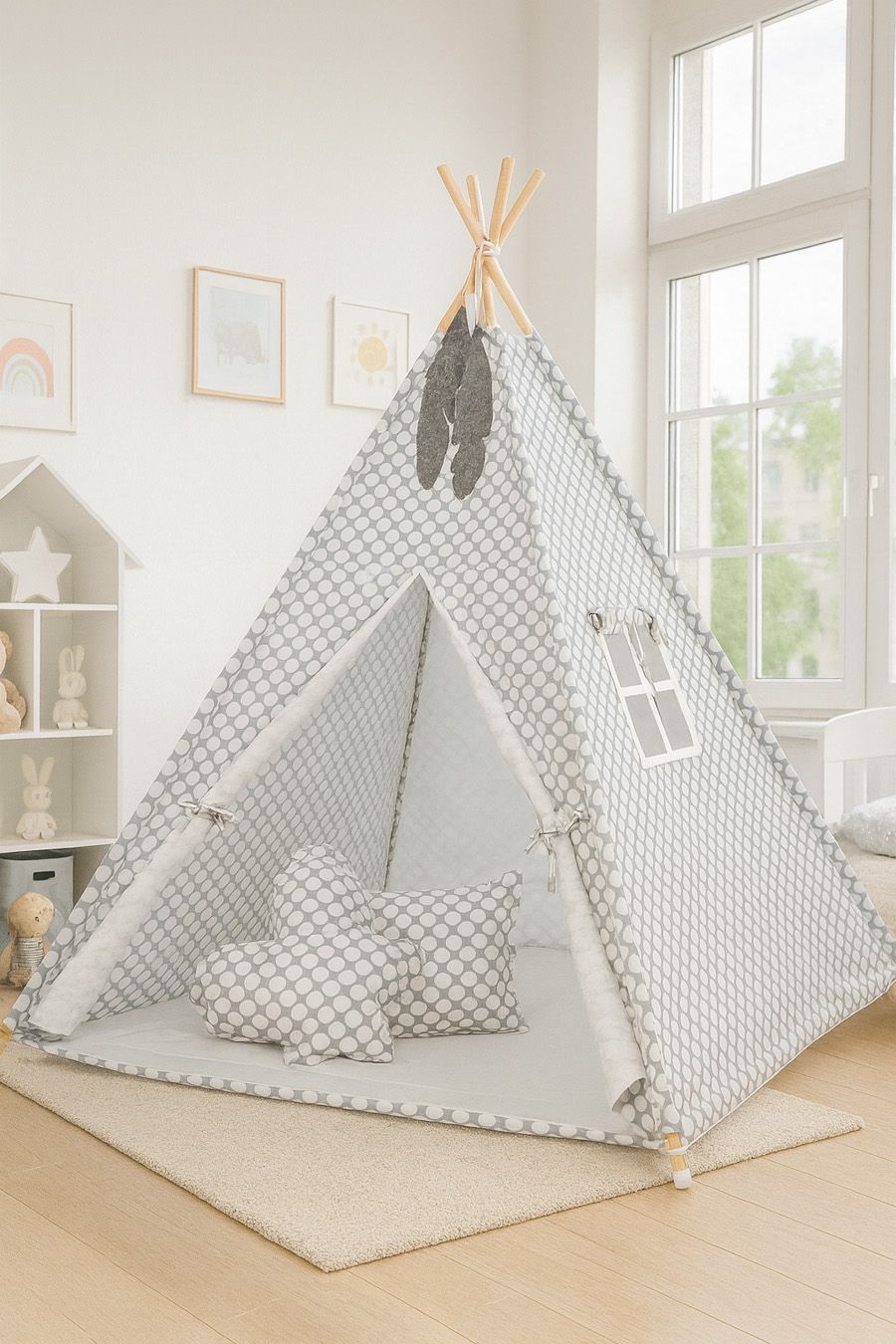 Teepee tent for kids + decorative feathers - grey with white dots