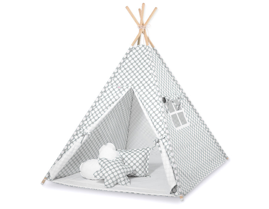 Teepee tent for kids + decorative feathers - grey with white dots