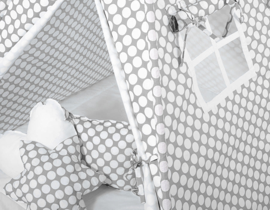 Teepee tent for kids + decorative feathers - grey with white dots