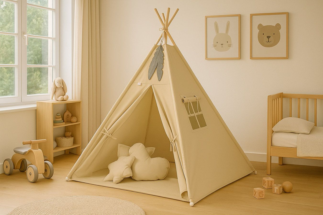 Teepee tent for kids + playmat + pillows + decorative feathers - beige