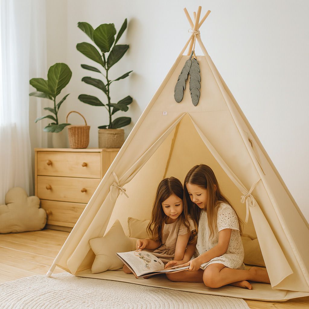 Teepee tent for kids + playmat + pillows + decorative feathers - beige