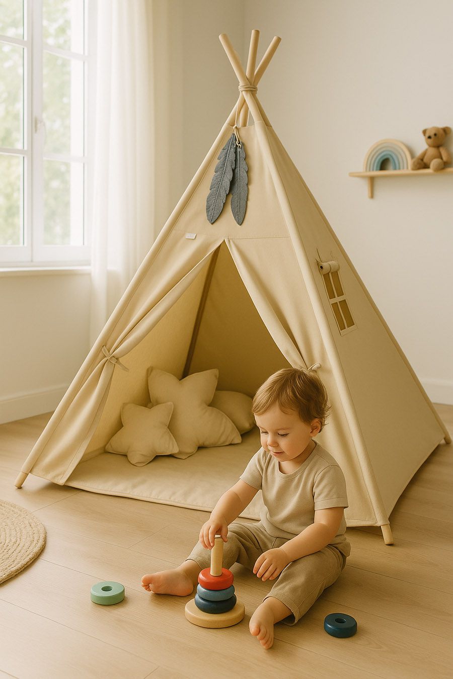 Teepee tent for kids + playmat + pillows + decorative feathers - beige