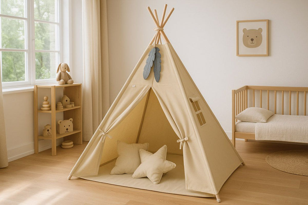 Teepee tent for kids + playmat + pillows + decorative feathers - beige