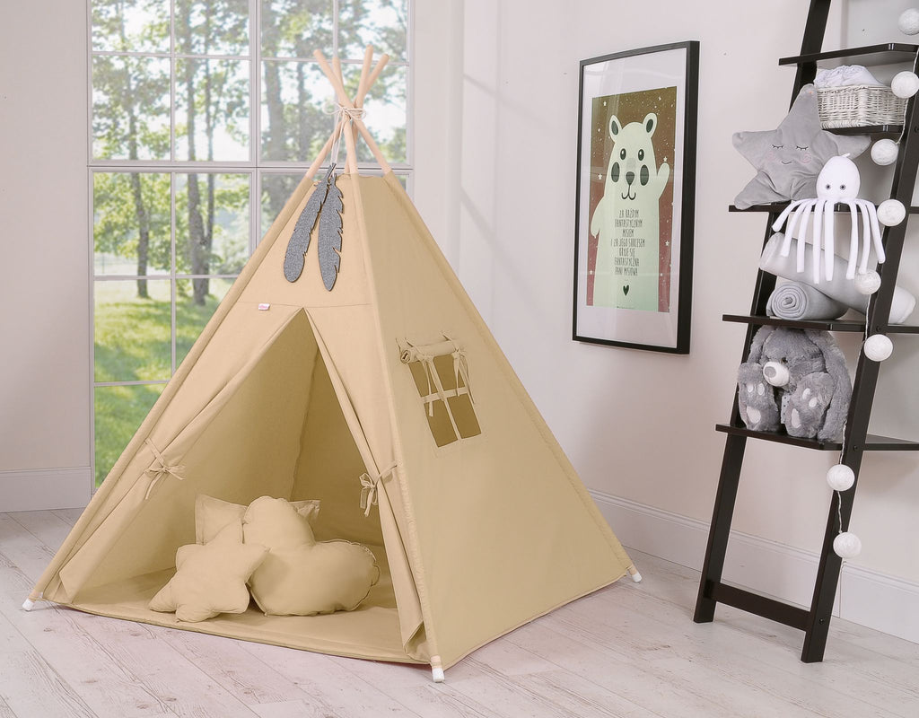 Teepee tent for kids + playmat + pillows + decorative feathers - beige