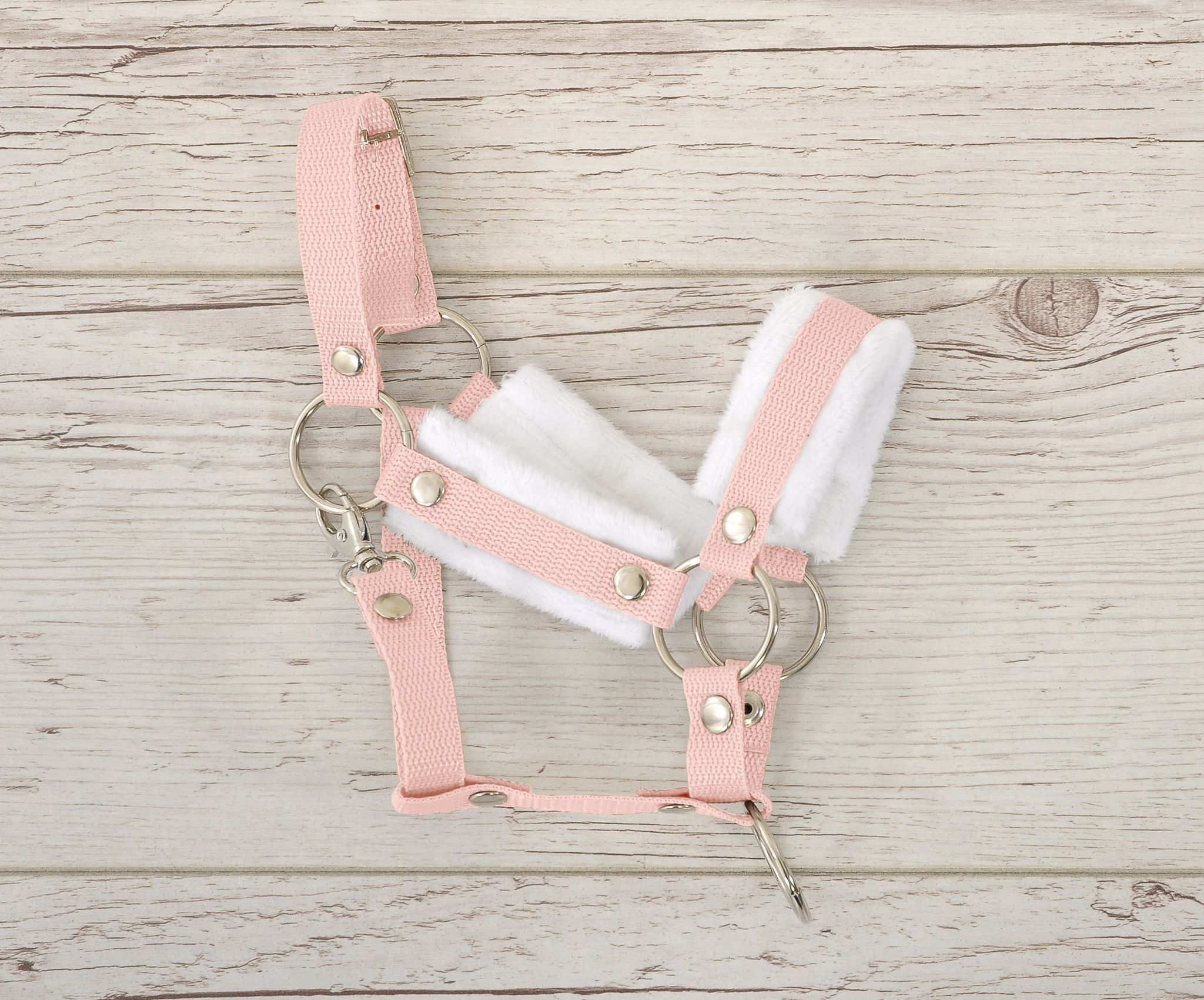 Set for Hobby Horse: the halter A3 with white furry + Tether made of cord - white-powder pink